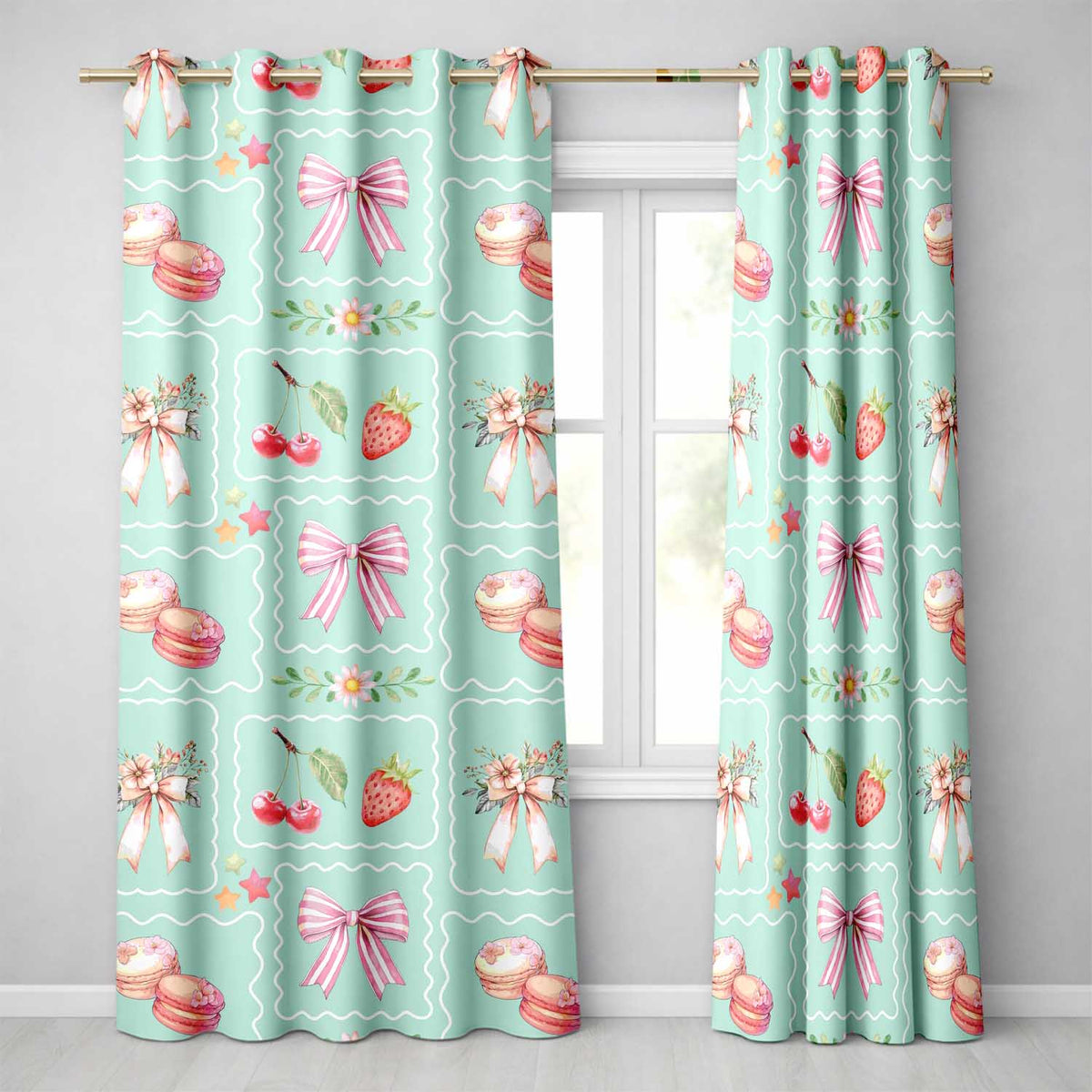 Strawberry Cherry Bow Seamless Teal Frame Coquette Design Readymade Eyelet Ring Top Thermal 100% Blackout Curtains
