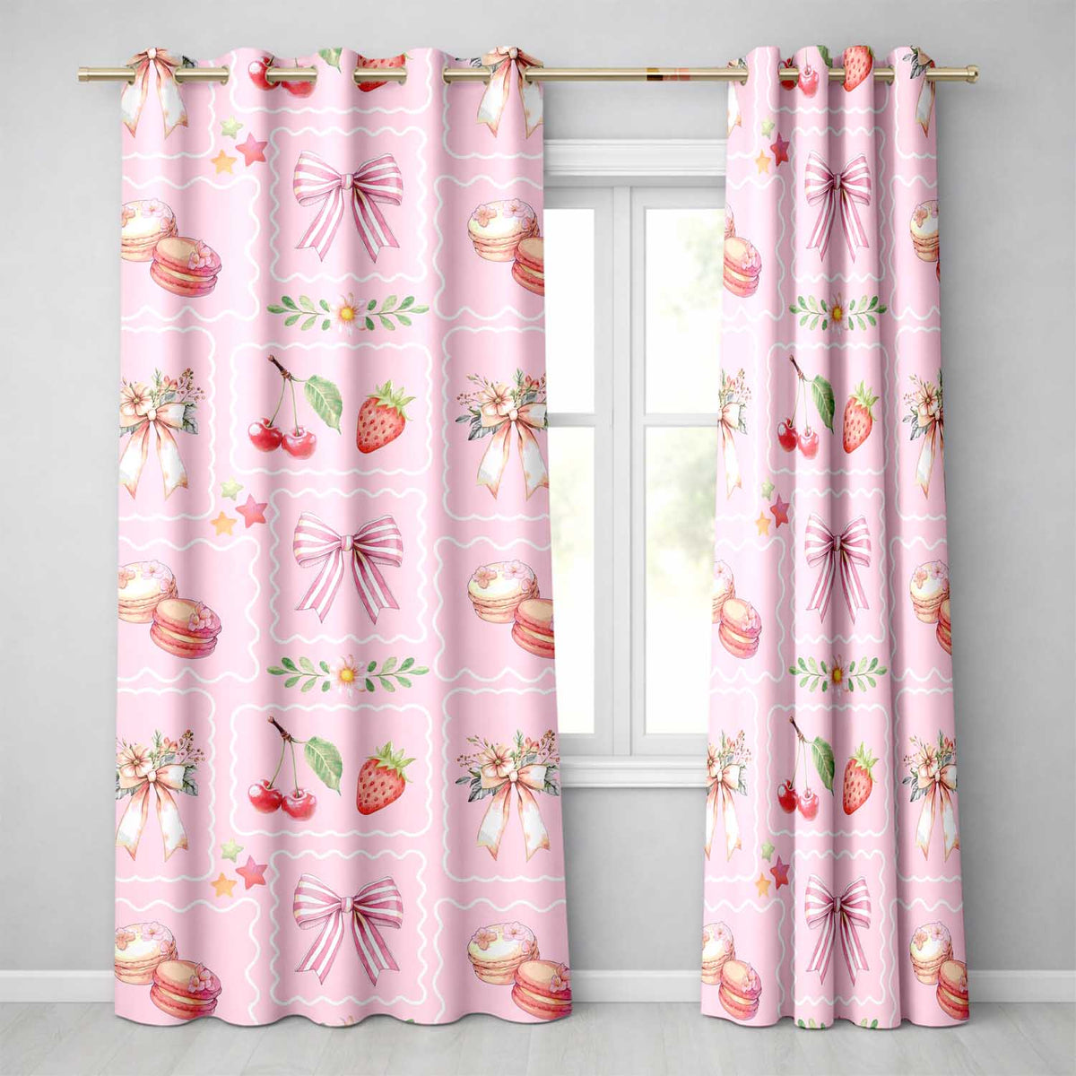 Strawberry Cherry Daisy Seamless Soft Pink Coquette Floral Design Readymade Eyelet Ring Top Thermal 100% Blackout Curtains