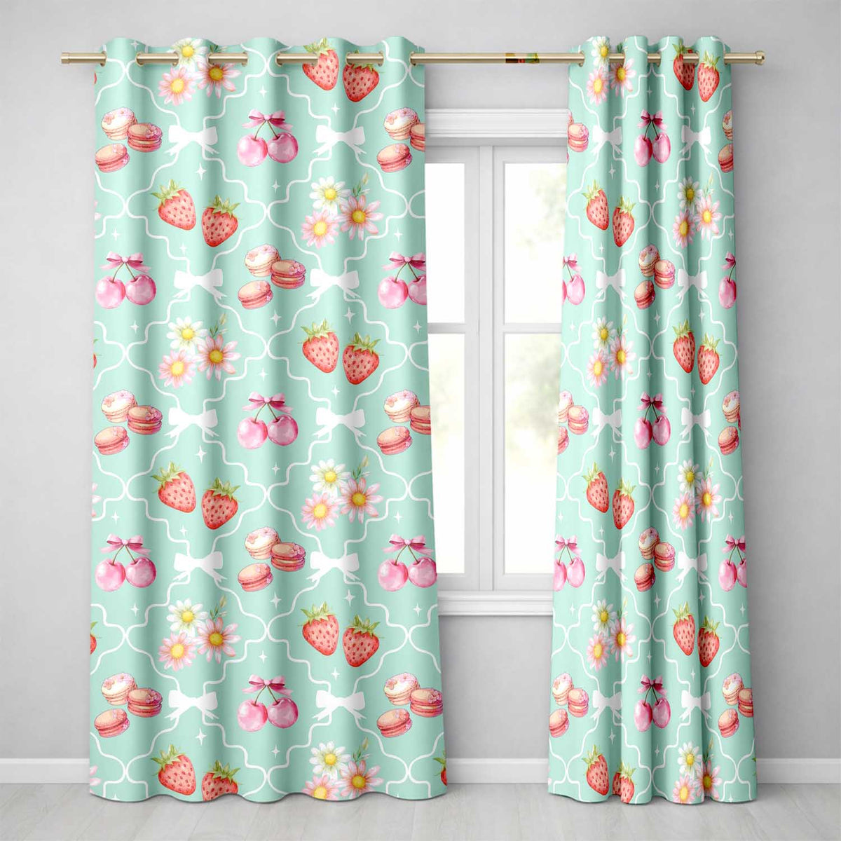Strawberry Cherry Daisy Seamless Teal Coquette Floral Design Readymade Eyelet Ring Top Thermal 100% Blackout Curtains