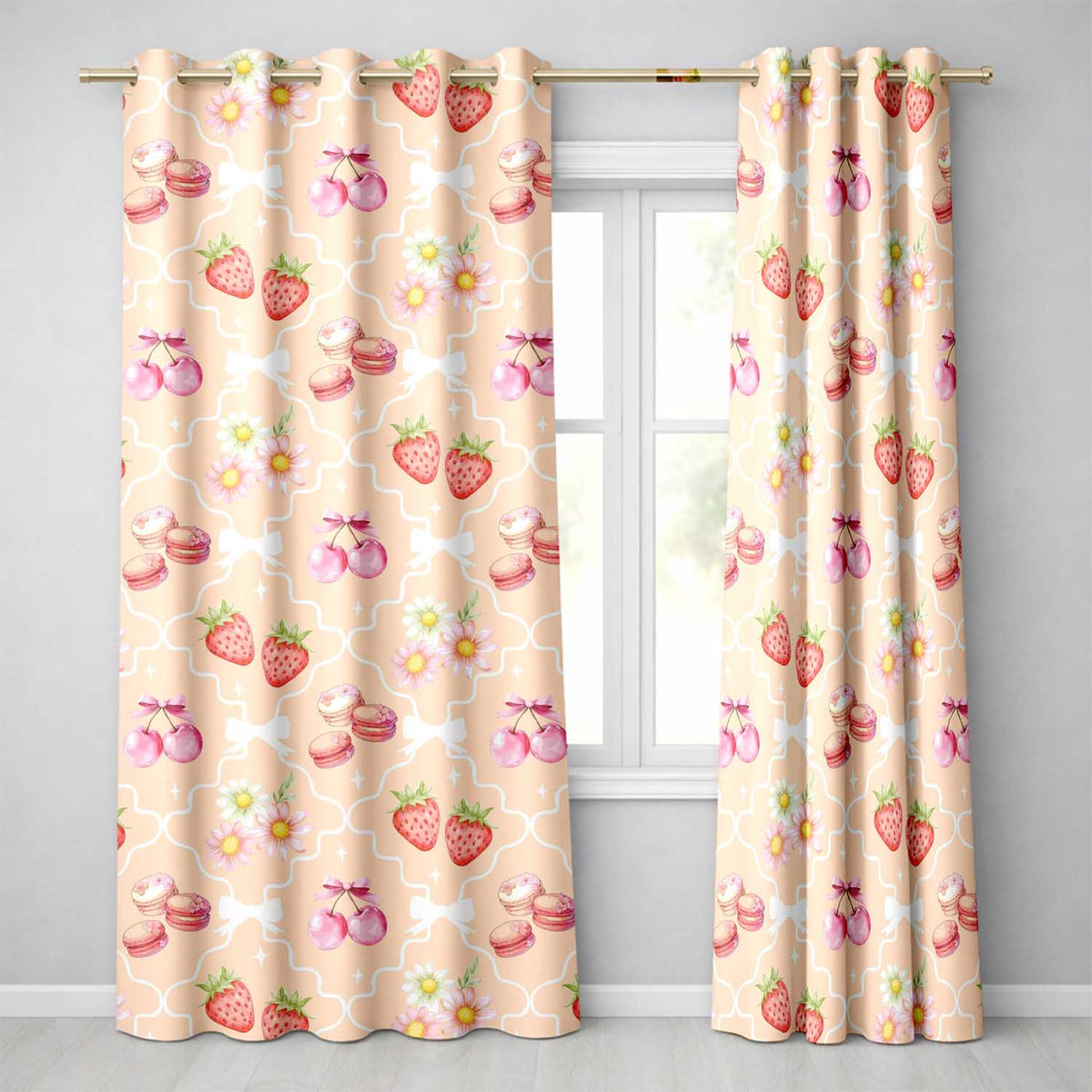 Strawberry Cherry Daisy Seamless Coquette Floral Design Readymade Eyelet Ring Top Thermal 100% Blackout Curtains