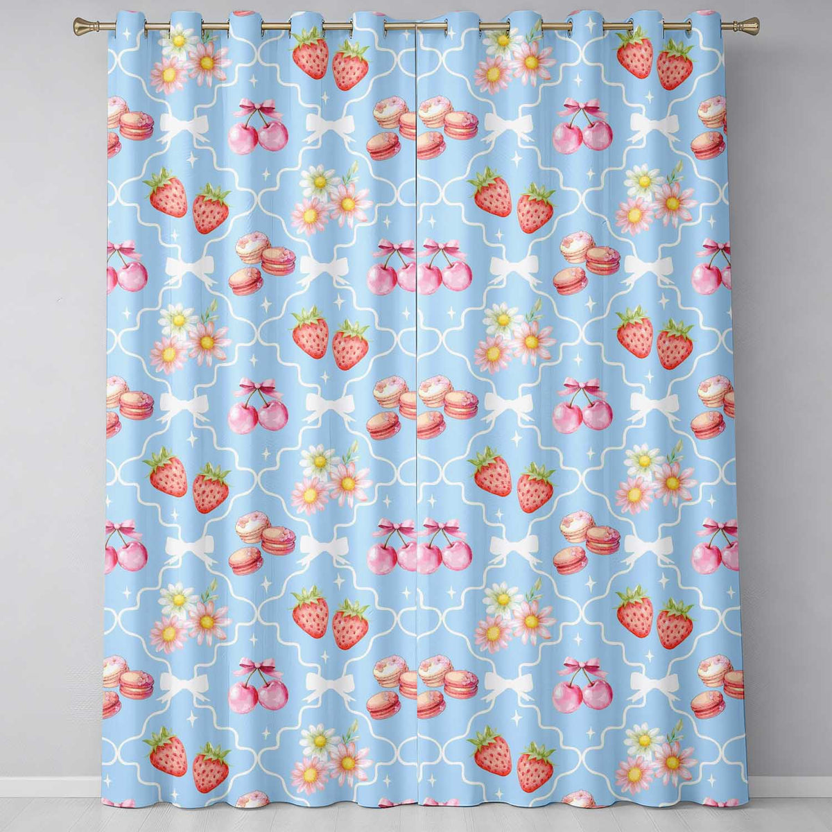 Strawberry Cherry Daisy Seamless Blue Coquette Floral Design Readymade Eyelet Ring Top Thermal 100% Blackout Curtains