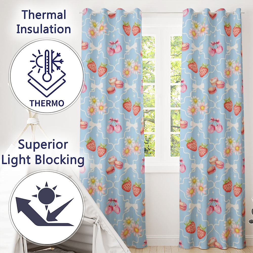 Strawberry Cherry Daisy Seamless Blue Coquette Floral Design Readymade Eyelet Ring Top Thermal 100% Blackout Curtains