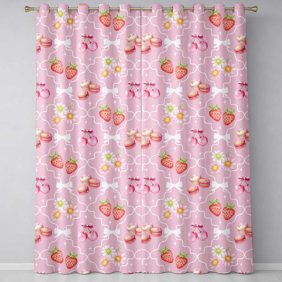 Strawberry Cherry Daisy White Pink Outline Coquette Floral Design Readymade Eyelet Ring Top Thermal 100% Blackout Curtains