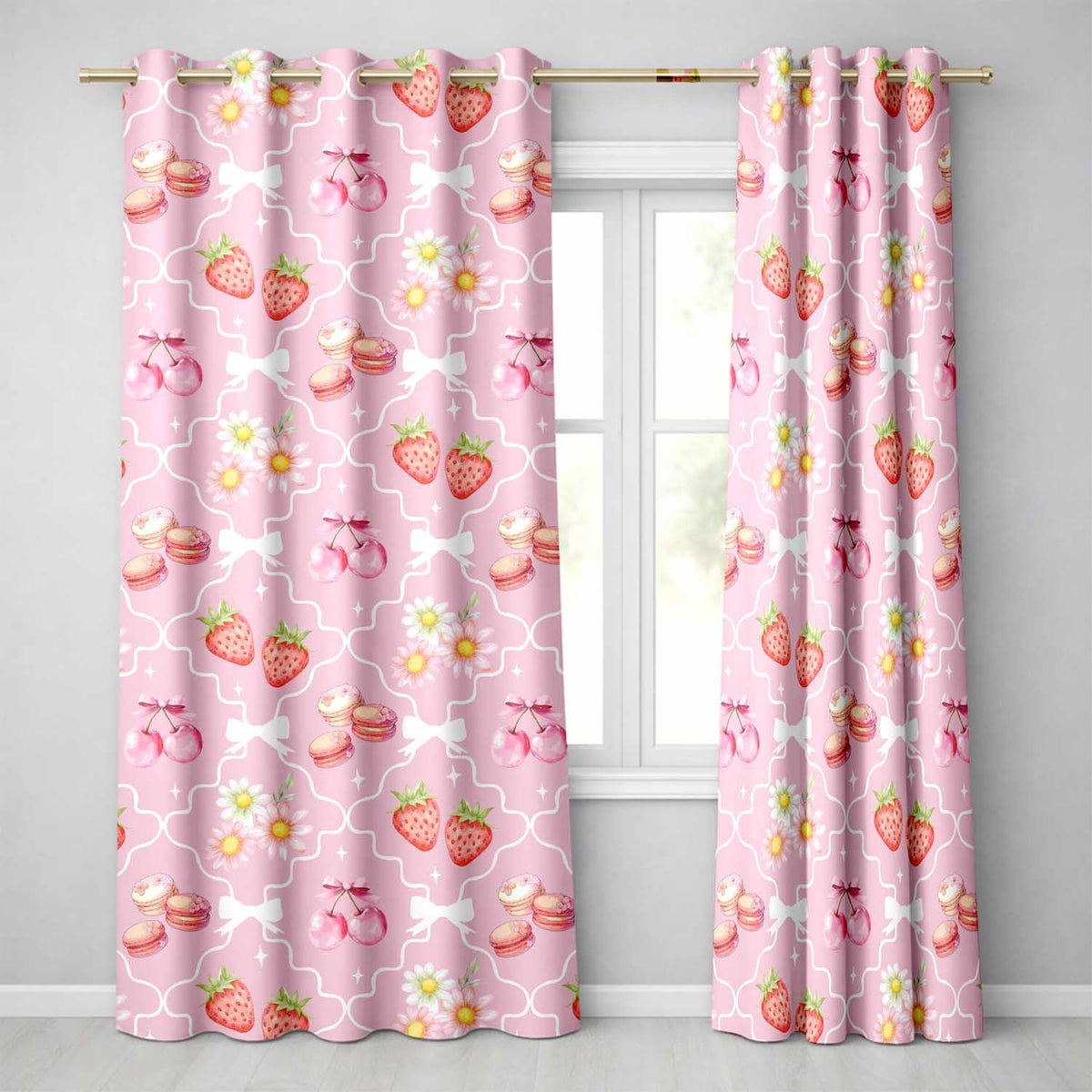Strawberry Cherry Daisy White Pink Outline Coquette Floral Design Readymade Eyelet Ring Top Thermal 100% Blackout Curtains