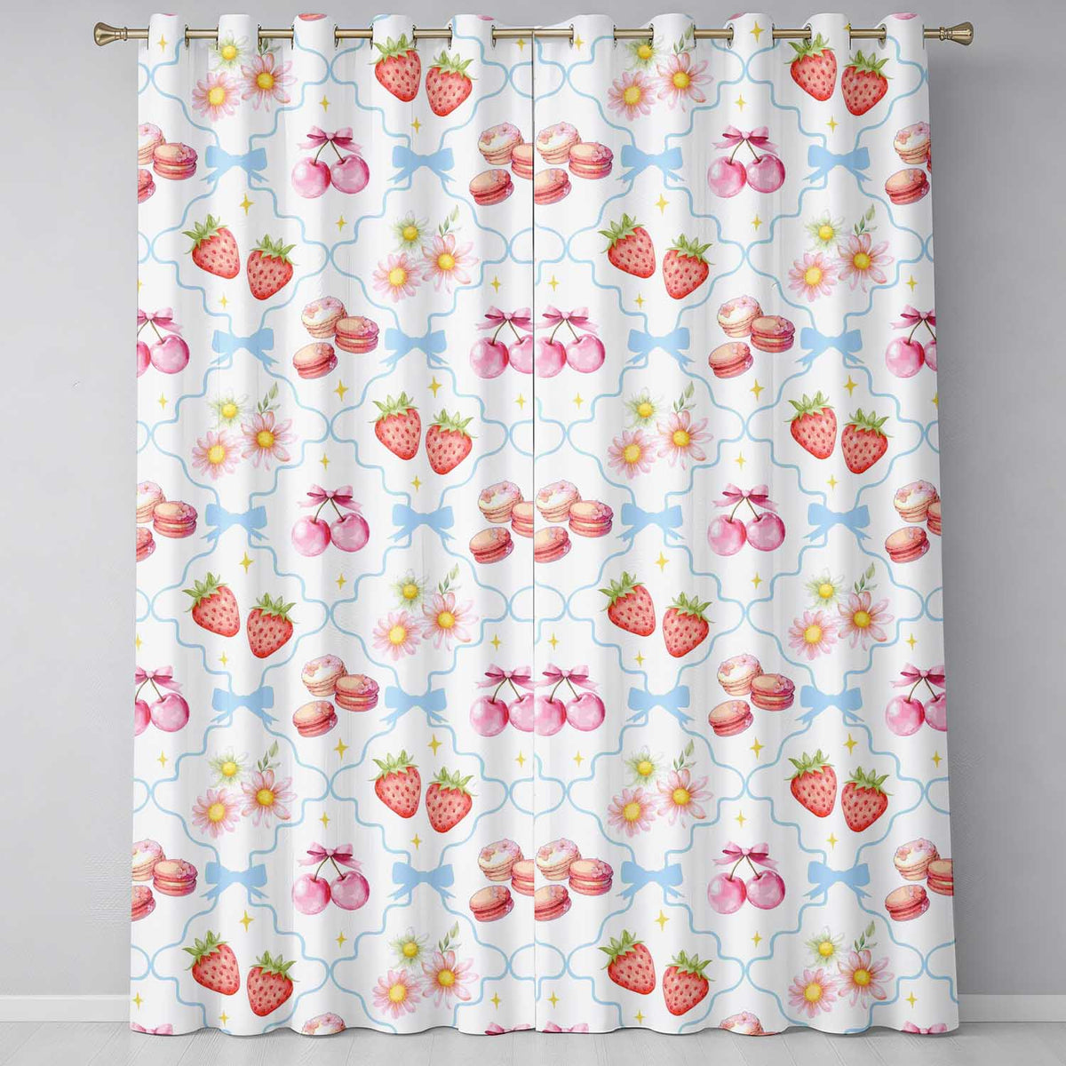 Strawberry Cherry Daisy White Blue Outline Coquette Floral Design Readymade Eyelet Ring Top Thermal 100% Blackout Curtains