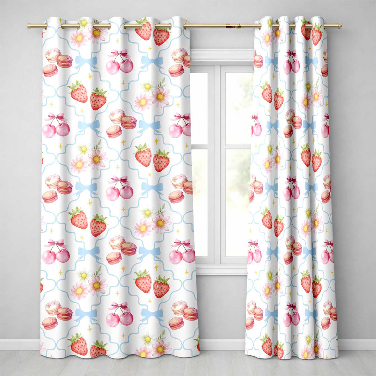 Strawberry Cherry Daisy White Blue Outline Coquette Floral Design Readymade Eyelet Ring Top Thermal 100% Blackout Curtains
