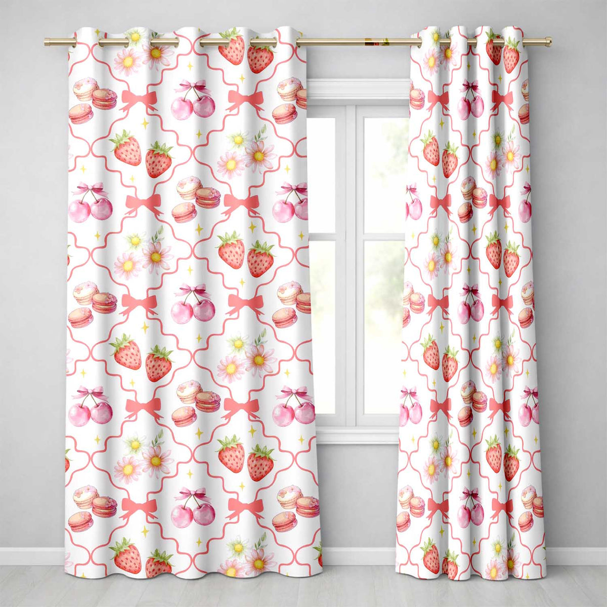 Strawberry Cherry Daisy White Red Outline Coquette Floral Design Readymade Eyelet Ring Top Thermal 100% Blackout Curtains