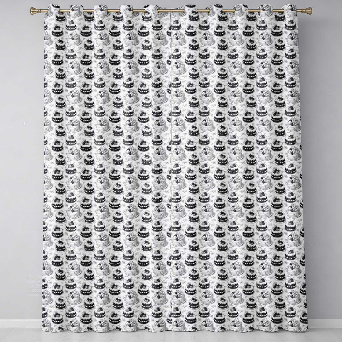 Black White Cake Seamless Minimal Dessert Food Illustration Design Readymade Eyelet Ring Top Thermal 100% Blackout Curtains