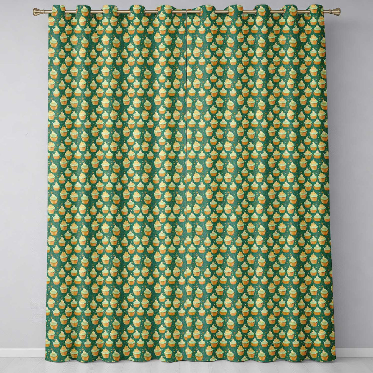 Cupcake Dessert Seamless Dark Green Sweet Food Illustration Design Readymade Eyelet Ring Top Thermal 100% Blackout Curtains