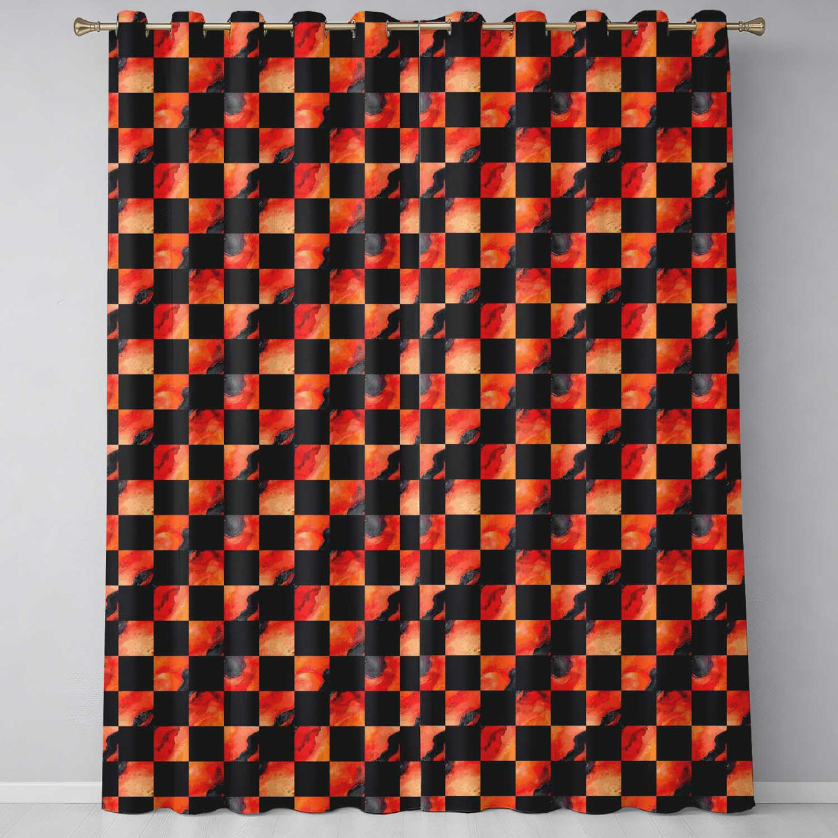 Abstract Orange Black Checkered Marble Geometric Readymade Eyelet Ring Top Thermal 100% Blackout Curtains