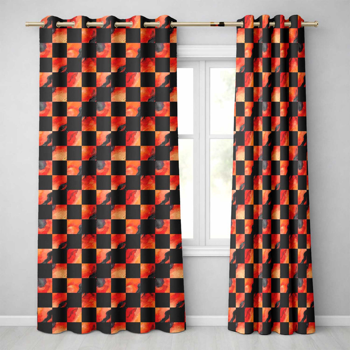 Abstract Orange Black Checkered Marble Geometric Readymade Eyelet Ring Top Thermal 100% Blackout Curtains