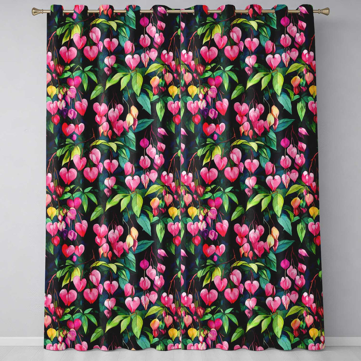 Pink Bleeding Heart Flowers Botanical Watercolor Floral Readymade Eyelet Ring Top Thermal 100% Blackout Curtains