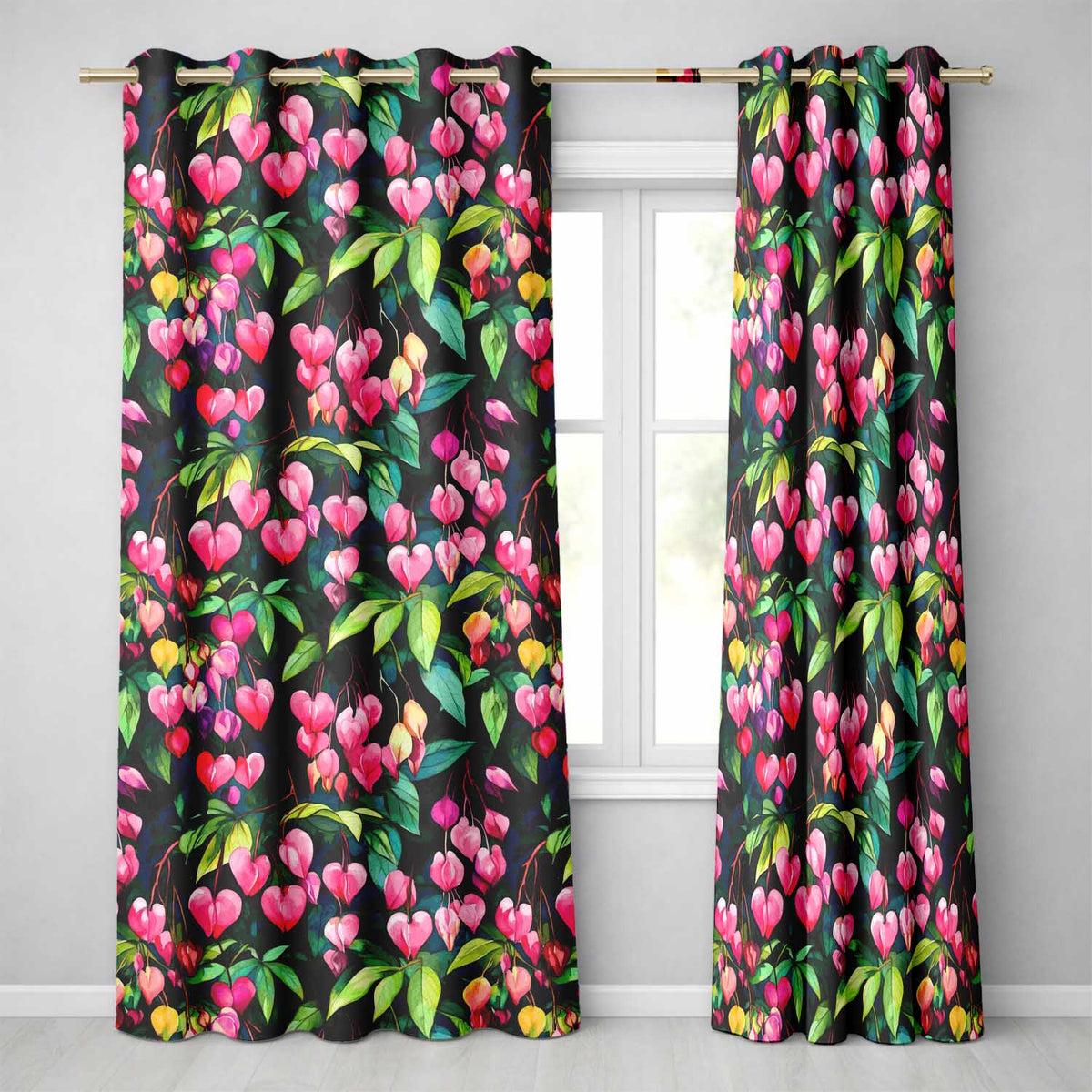 Pink Bleeding Heart Flowers Botanical Watercolor Floral Readymade Eyelet Ring Top Thermal 100% Blackout Curtains
