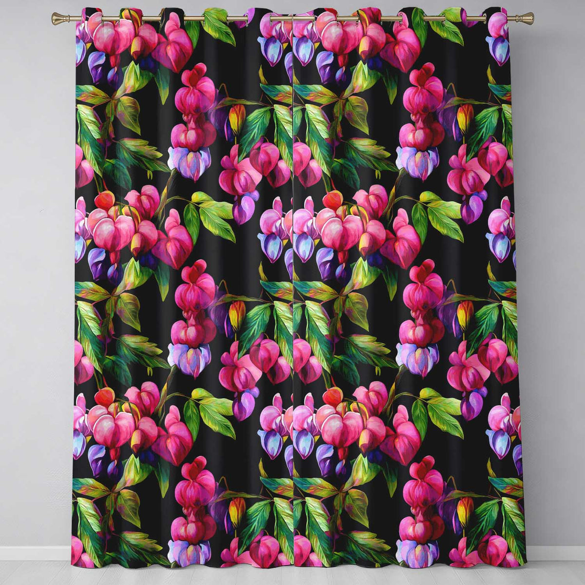 Vibrant Pink Bleeding Heart Flowers Dark Background Floral Readymade Eyelet Ring Top Thermal 100% Blackout Curtains