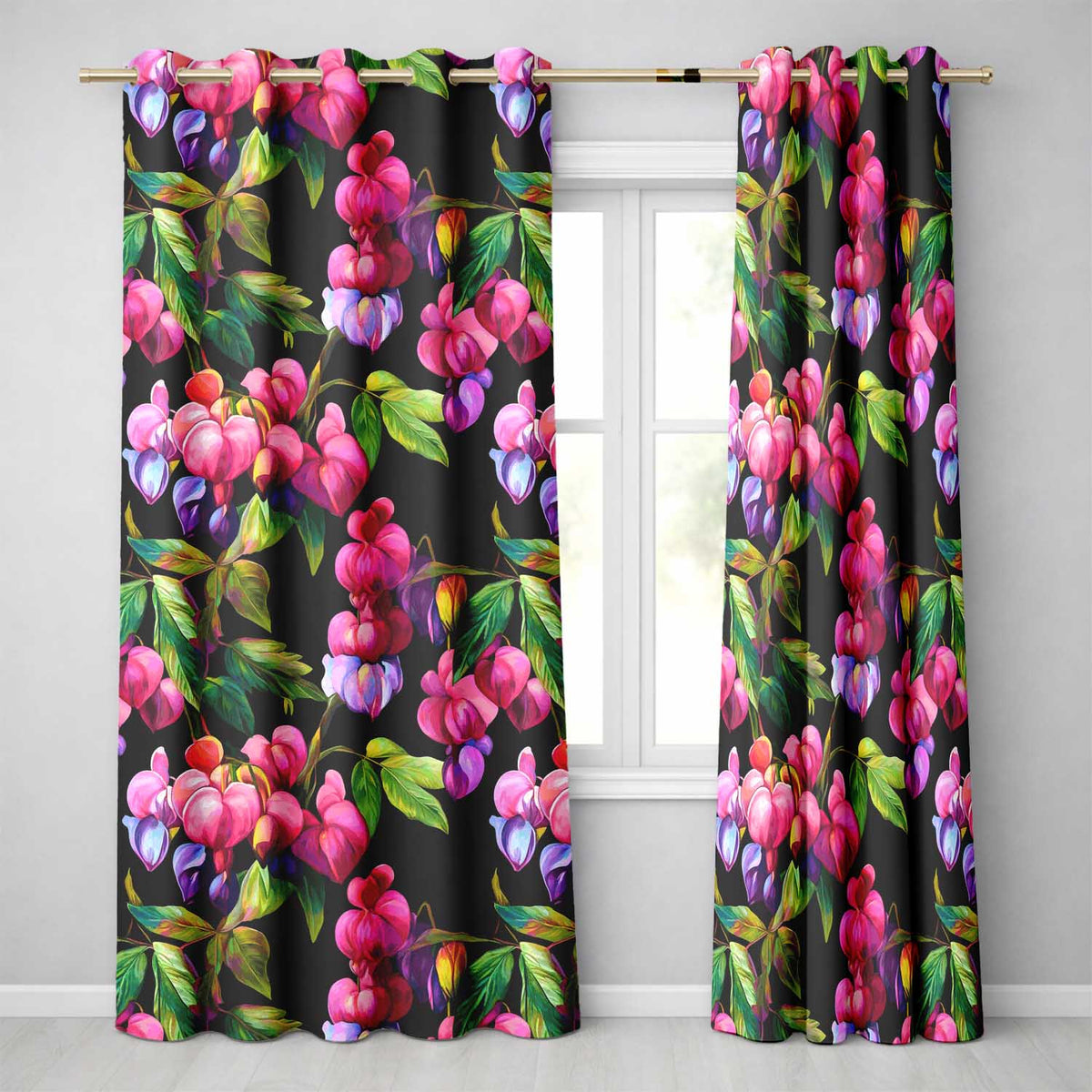 Vibrant Pink Bleeding Heart Flowers Dark Background Floral Readymade Eyelet Ring Top Thermal 100% Blackout Curtains