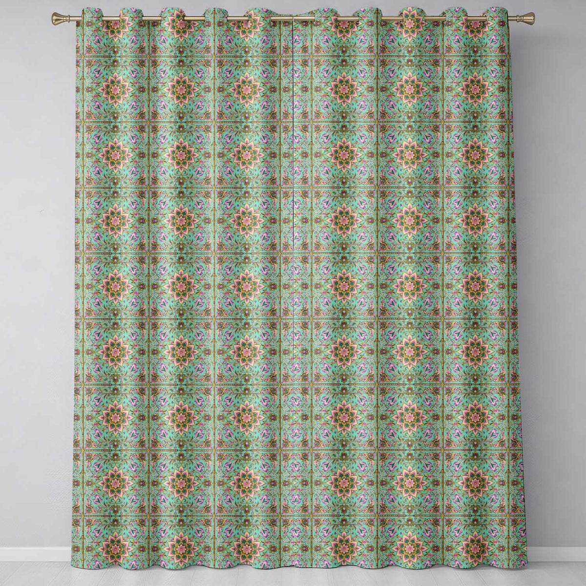 Teal Pink Mandala Floral Tile Decorative Symmetry Readymade Eyelet Ring Top Thermal 100% Blackout Curtains