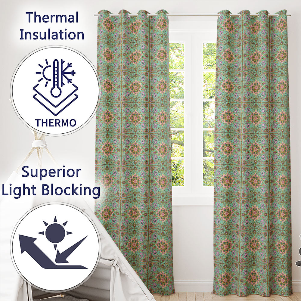 Teal Pink Mandala Floral Tile Decorative Symmetry Readymade Eyelet Ring Top Thermal 100% Blackout Curtains