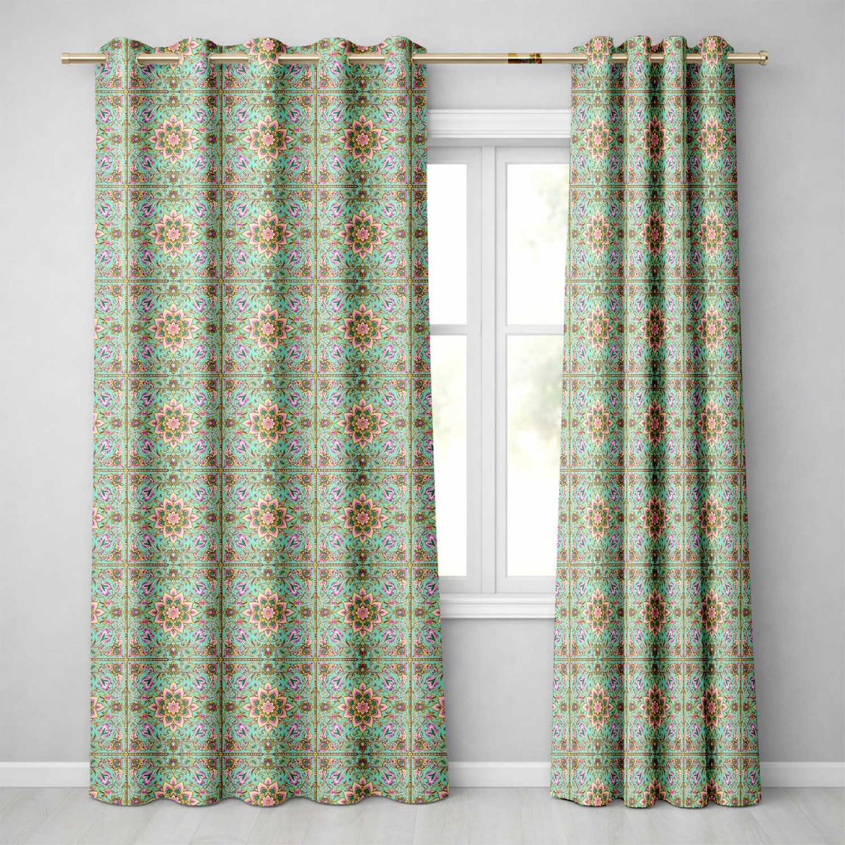 Teal Pink Mandala Floral Tile Decorative Symmetry Readymade Eyelet Ring Top Thermal 100% Blackout Curtains