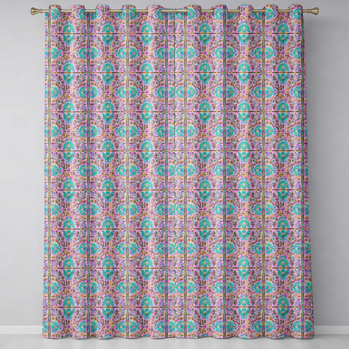 Pastel Pink Teal Folk Art Floral Tile Decorative Readymade Eyelet Ring Top Thermal 100% Blackout Curtains