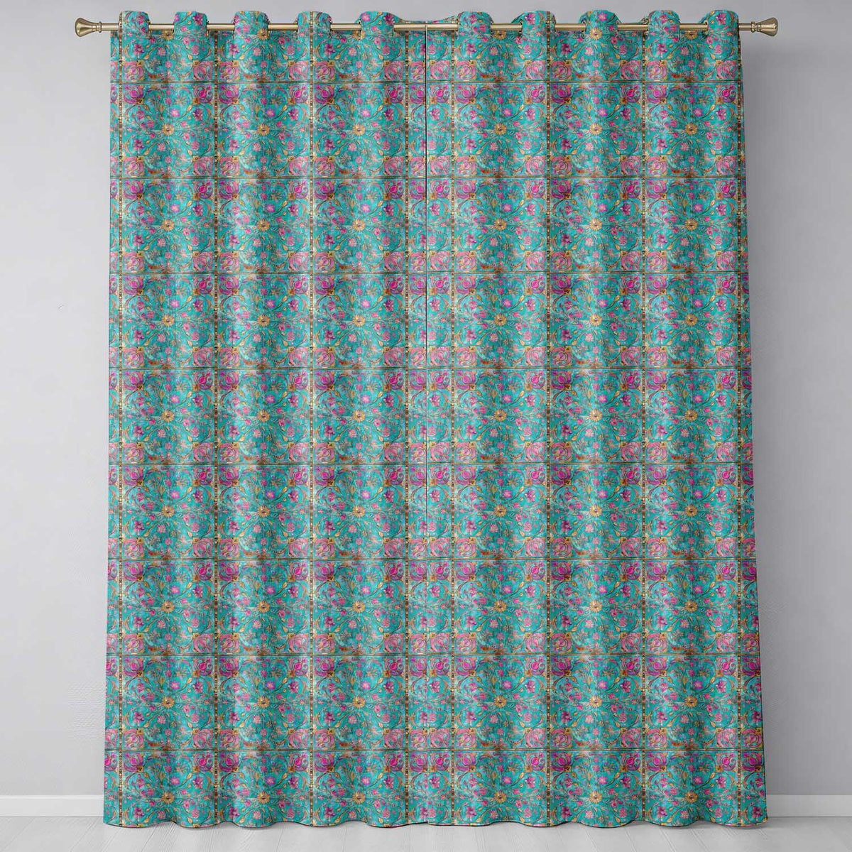 Turquoise Pink Vintage Floral Tile Ornamental Design Readymade Eyelet Ring Top Thermal 100% Blackout Curtains