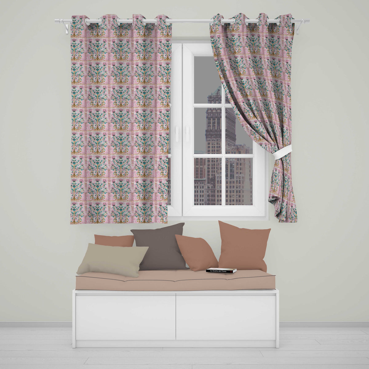 Soft Pink Teal Tree of Life Floral Elegant Botanical Readymade Eyelet Ring Top Thermal 100% Blackout Curtains