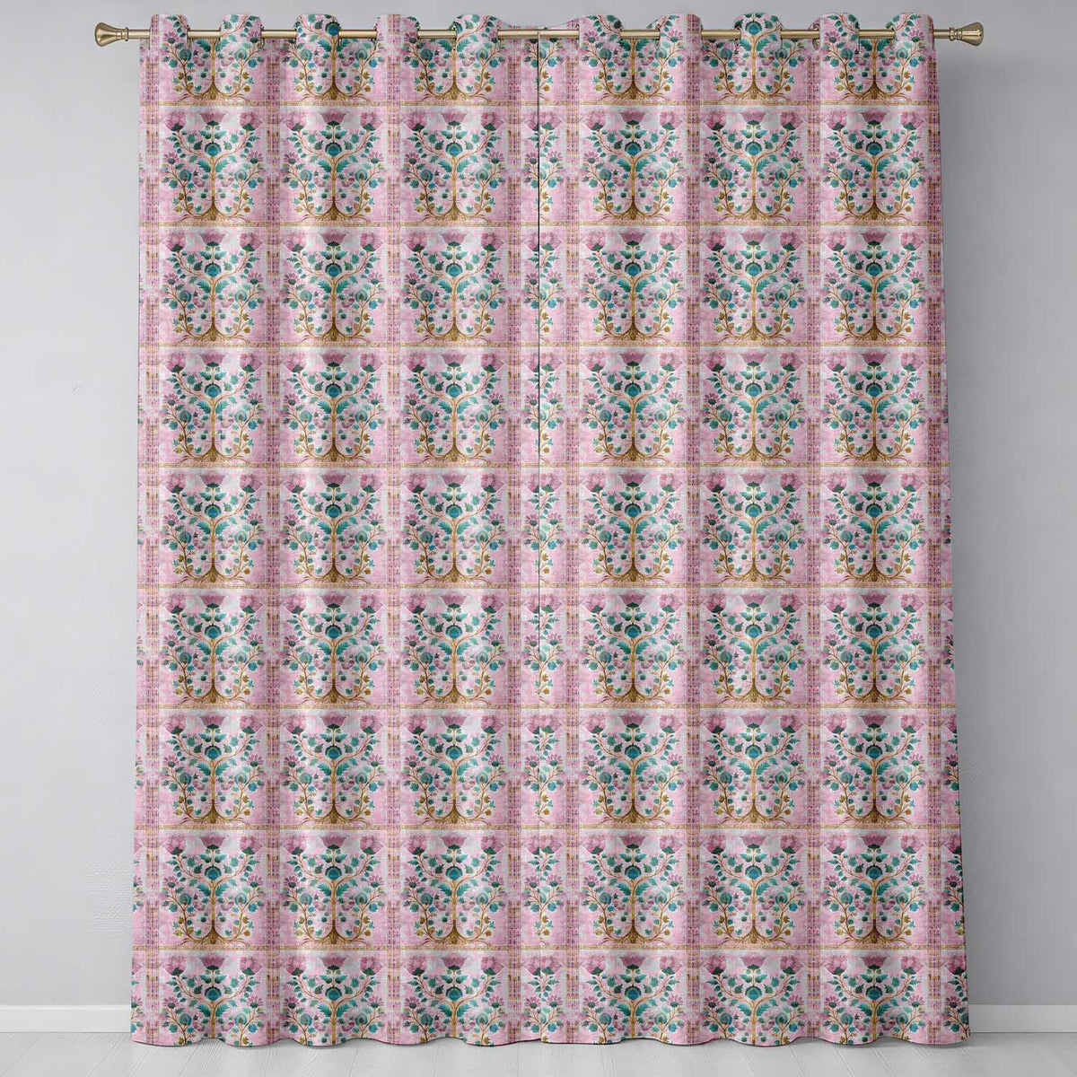 Soft Pink Teal Tree of Life Floral Elegant Botanical Readymade Eyelet Ring Top Thermal 100% Blackout Curtains