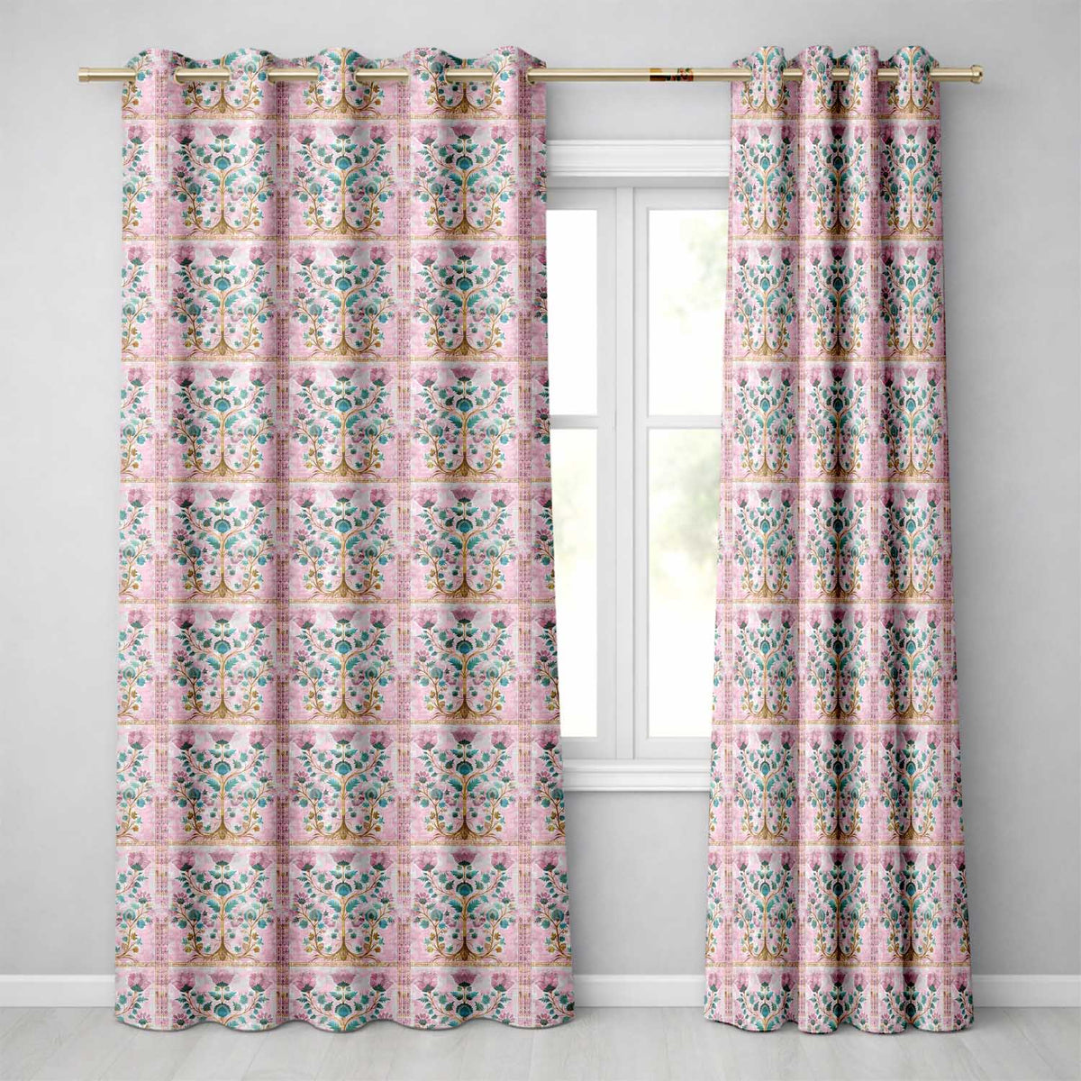 Soft Pink Teal Tree of Life Floral Elegant Botanical Readymade Eyelet Ring Top Thermal 100% Blackout Curtains