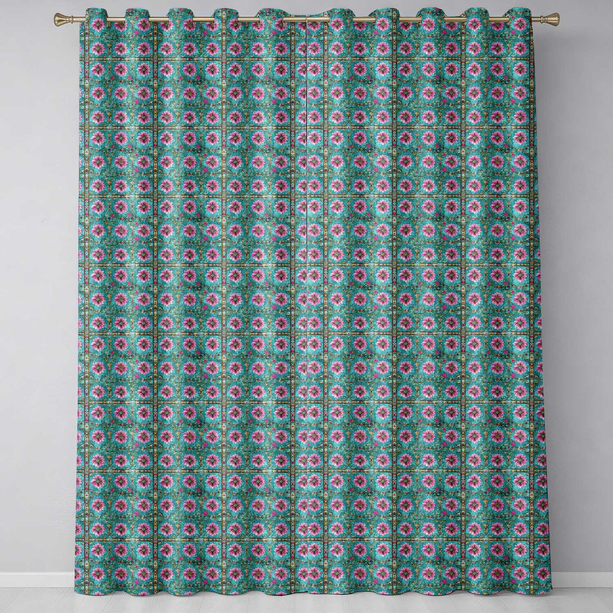 Teal Pink Daisy Floral Tile Vintage Ornamental Design Readymade Eyelet Ring Top Thermal 100% Blackout Curtains