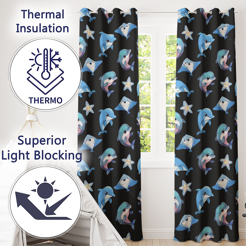 Dolphin Stingray Starfish Cartoon Sea Life Black Readymade Eyelet Ring Top Thermal 100% Blackout Curtains