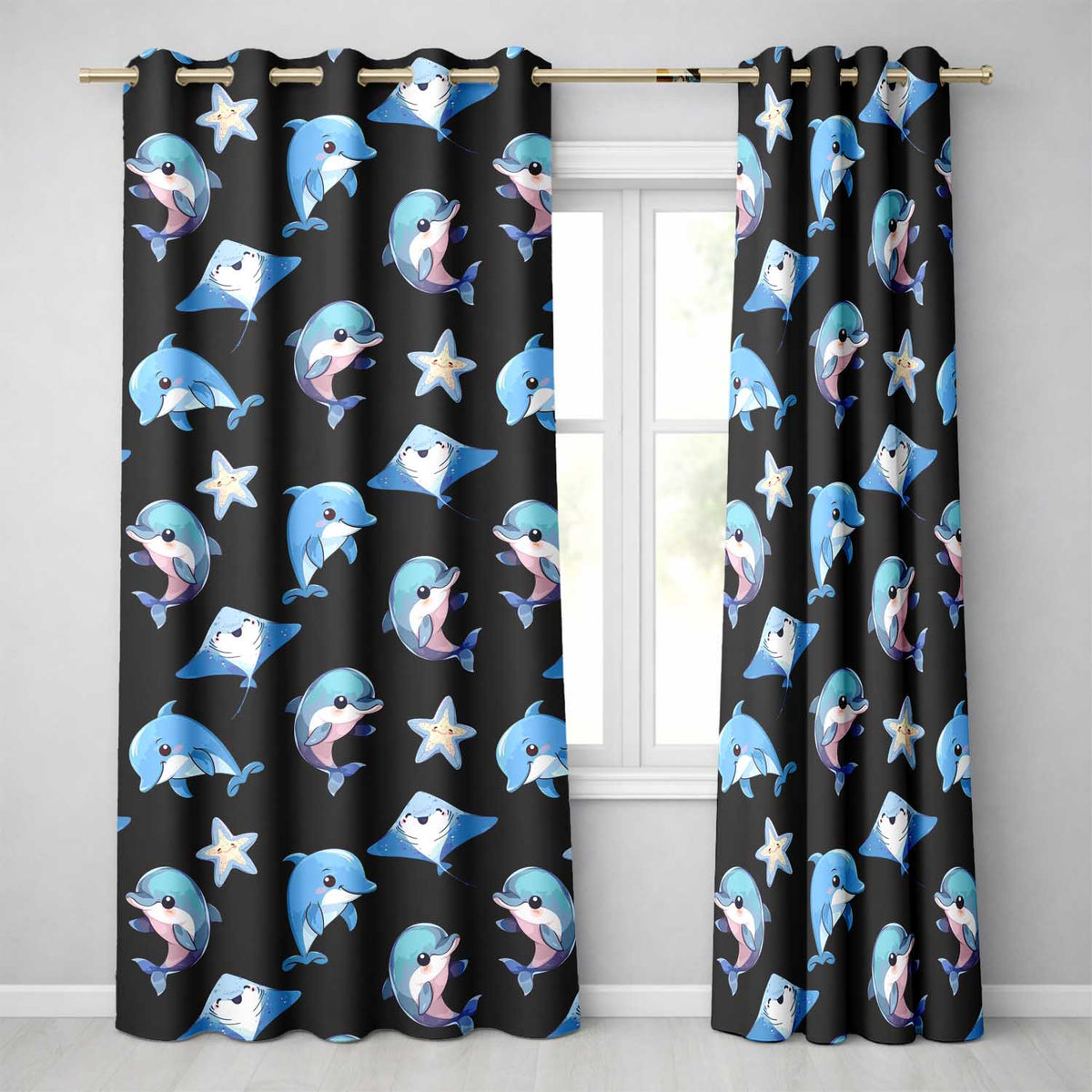 Dolphin Stingray Starfish Cartoon Sea Life Black Readymade Eyelet Ring Top Thermal 100% Blackout Curtains