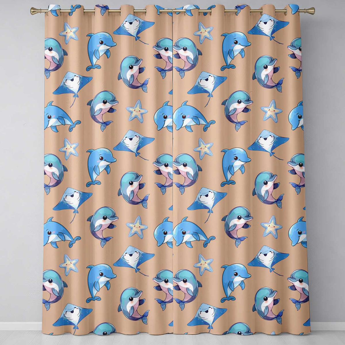 Dolphin Stingray Starfish Cartoon Sea Life Beige Readymade Eyelet Ring Top Thermal 100% Blackout Curtains