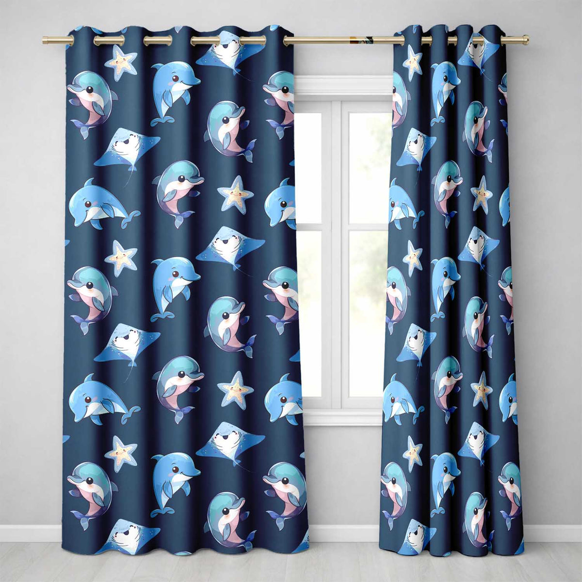 Dolphin Stingray Starfish Cartoon Sea Life Navy Readymade Eyelet Ring Top Thermal 100% Blackout Curtains