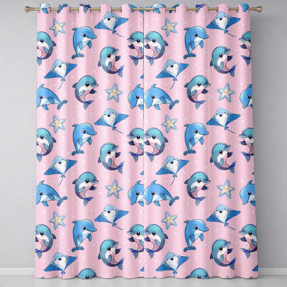 Dolphin Stingray Starfish Cartoon Sea Life Pink Readymade Eyelet Ring Top Thermal 100% Blackout Curtains
