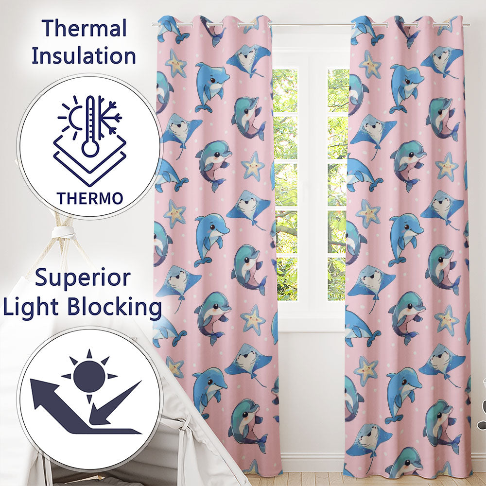 Dolphin Stingray Starfish Cartoon Sea Life Pink Readymade Eyelet Ring Top Thermal 100% Blackout Curtains