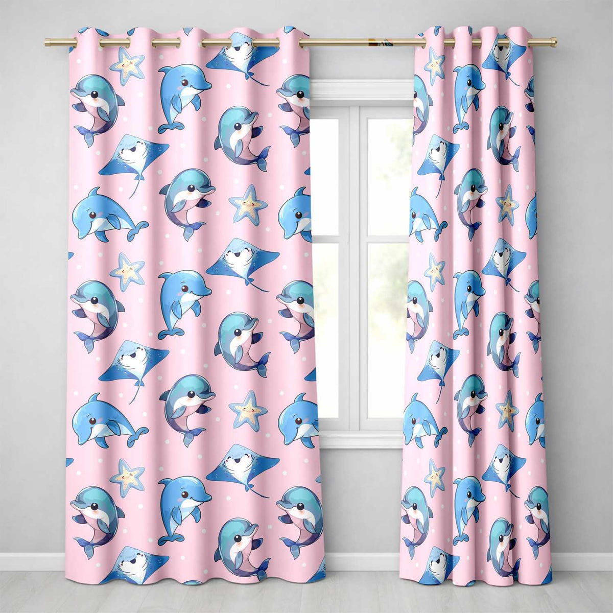 Dolphin Stingray Starfish Cartoon Sea Life Pink Readymade Eyelet Ring Top Thermal 100% Blackout Curtains