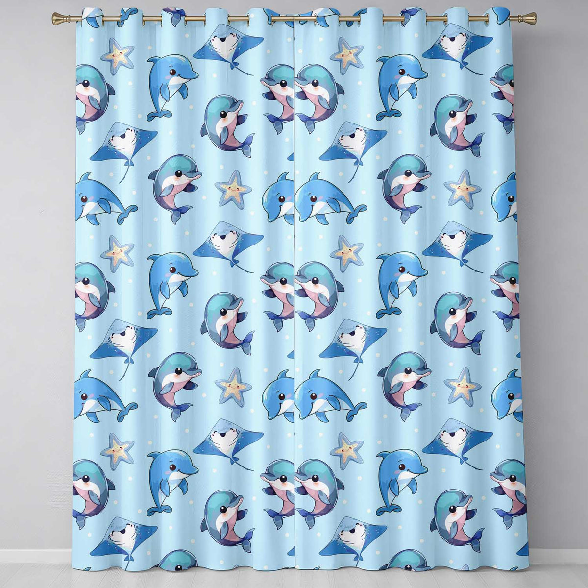 Dolphin Stingray Starfish Ocean Sea Life Soft Aqua Background Readymade Eyelet Ring Top Thermal 100% Blackout Curtains