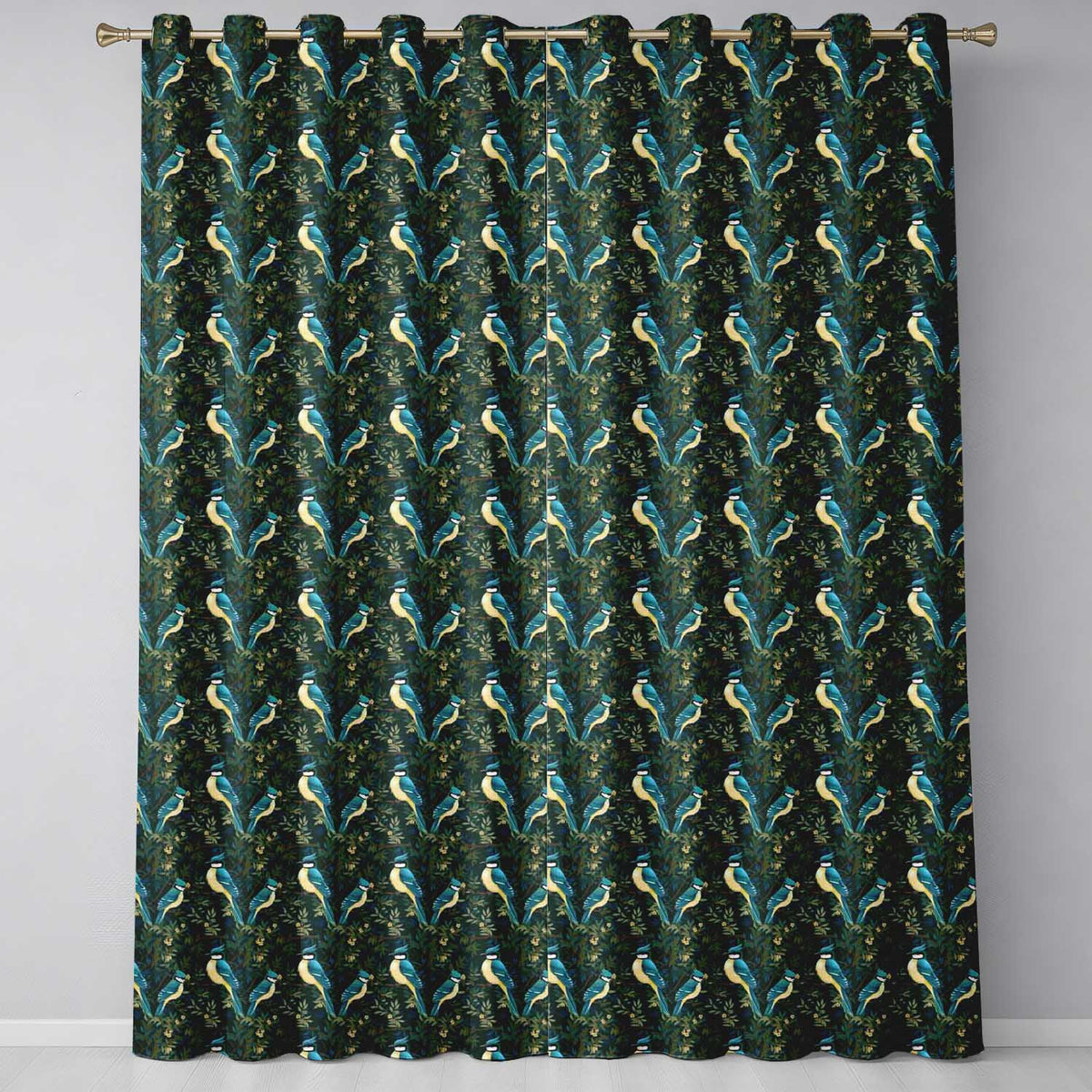 Teal Yellow Songbird Forest Leaves Seamless Dark Botanical Nature Design Readymade Eyelet Ring Top Thermal 100% Blackout Curtains