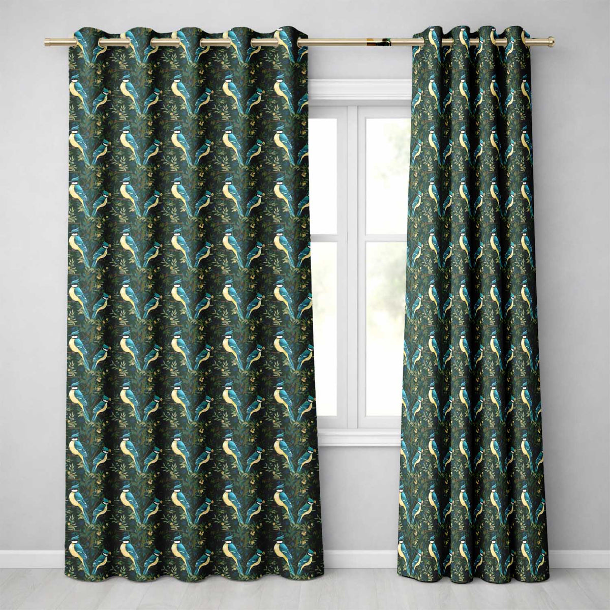 Teal Yellow Songbird Forest Leaves Seamless Dark Botanical Nature Design Readymade Eyelet Ring Top Thermal 100% Blackout Curtains