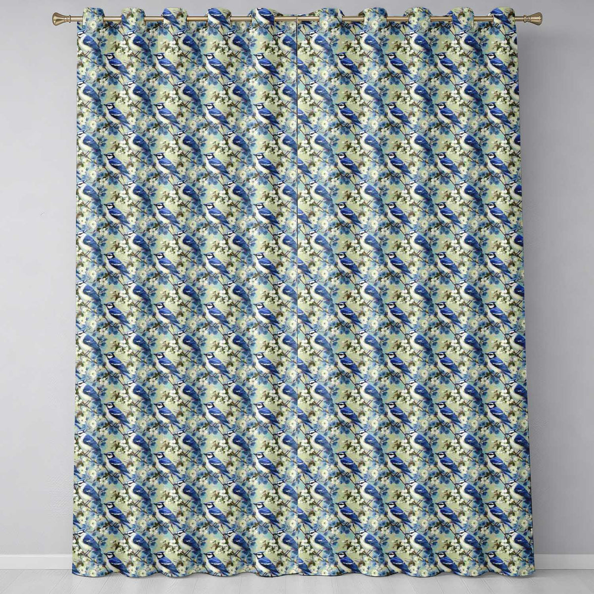 Blue Jay Bird Blossom Floral Seamless Soft Vintage Botanical Design Readymade Eyelet Ring Top Thermal 100% Blackout Curtains