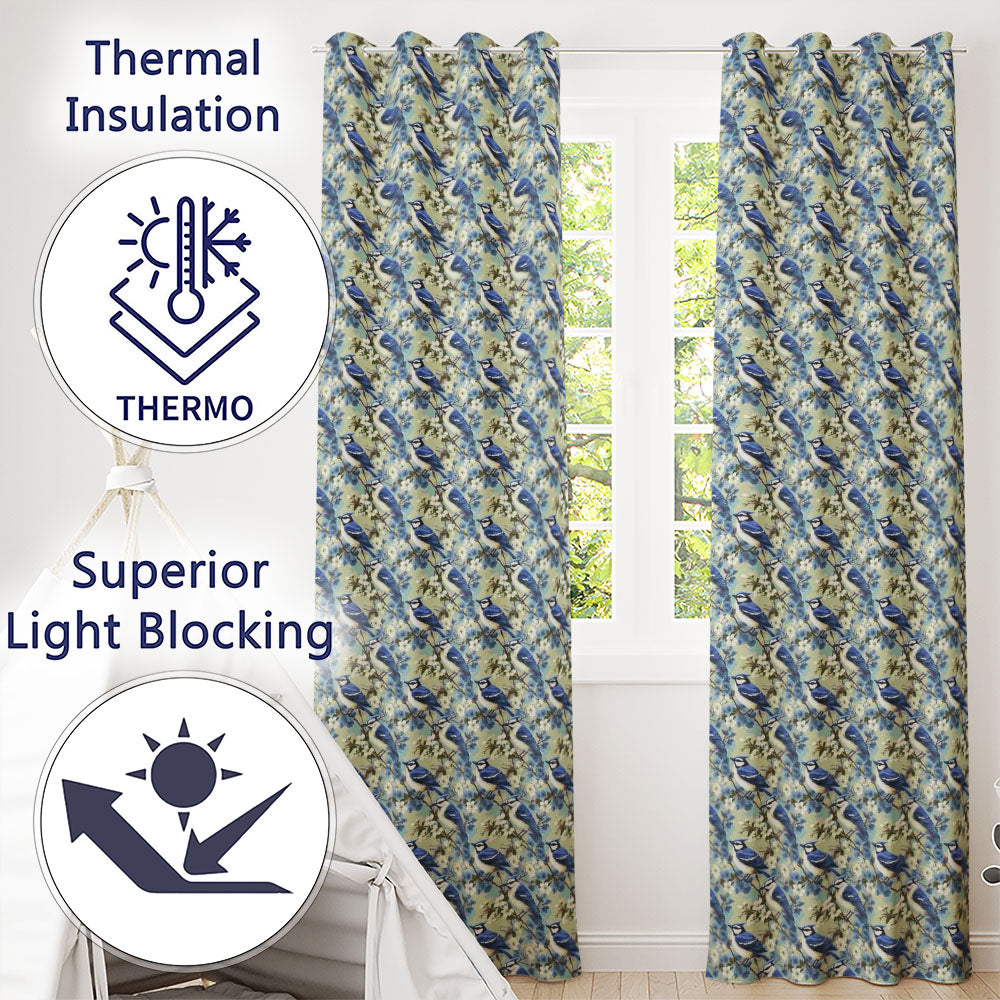 Blue Jay Bird Blossom Floral Seamless Soft Vintage Botanical Design Readymade Eyelet Ring Top Thermal 100% Blackout Curtains