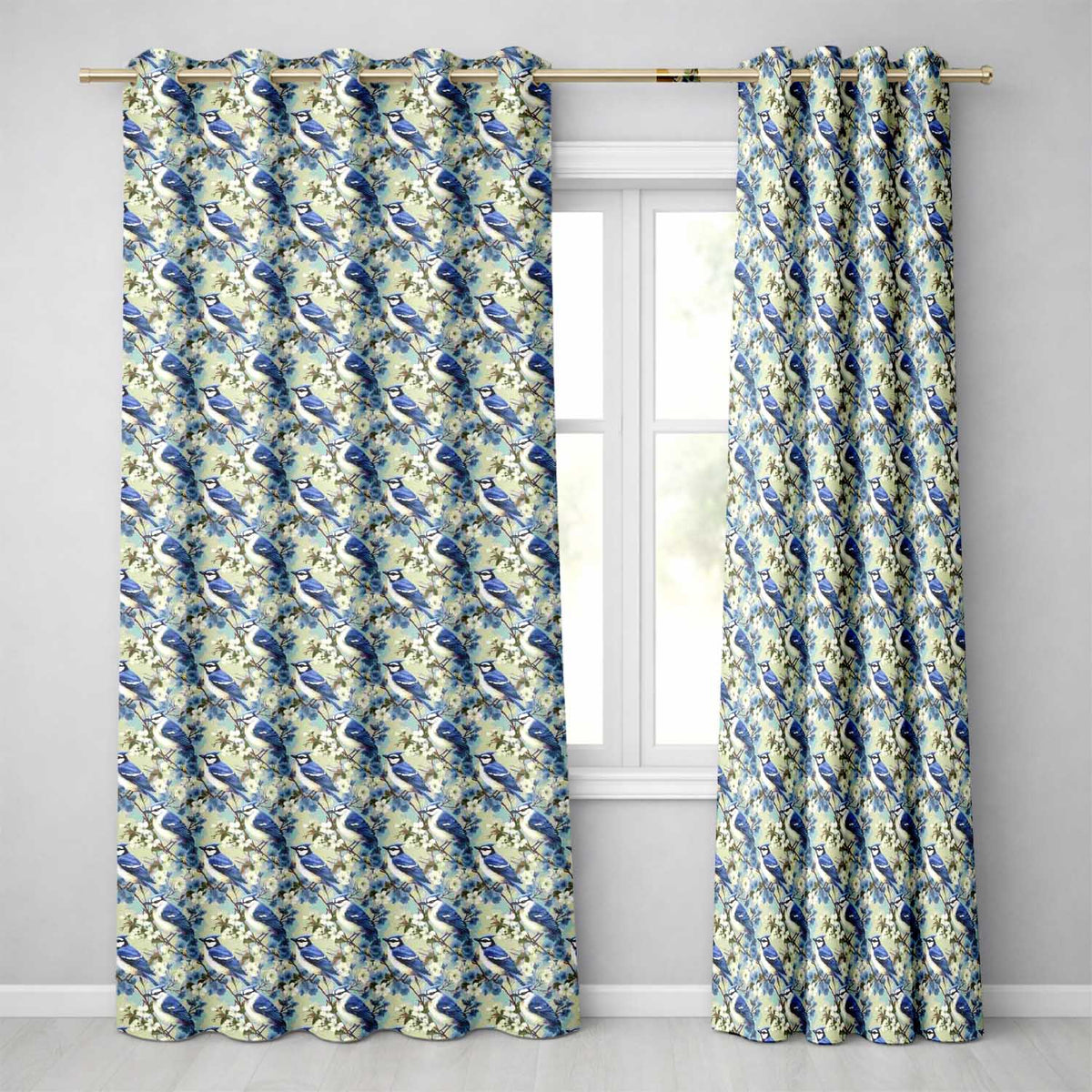 Blue Jay Bird Blossom Floral Seamless Soft Vintage Botanical Design Readymade Eyelet Ring Top Thermal 100% Blackout Curtains
