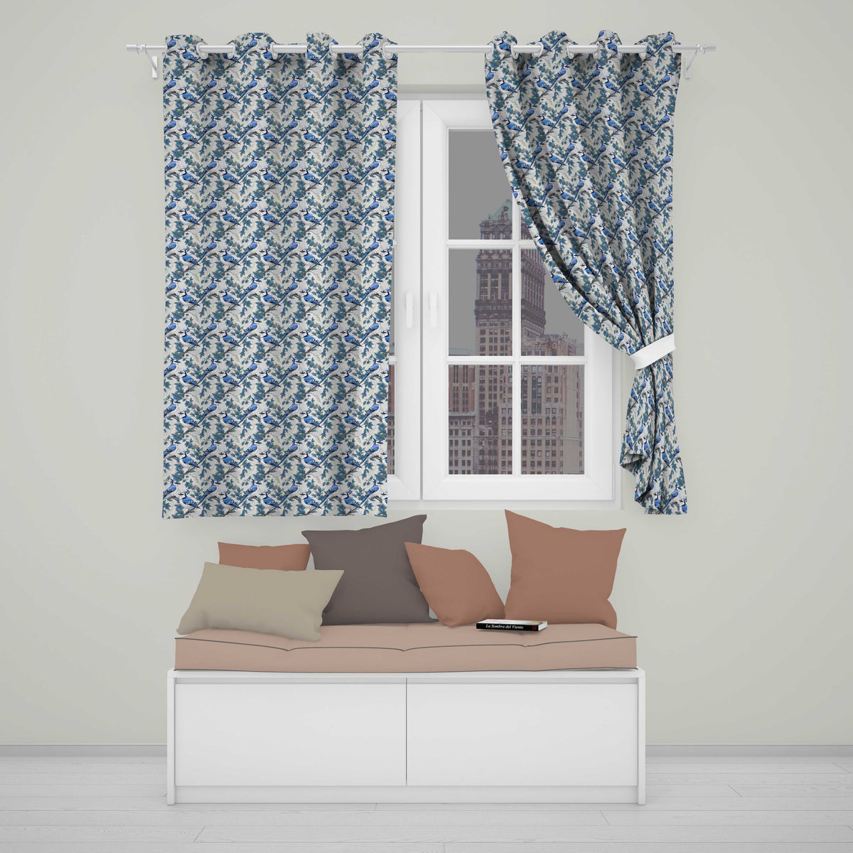 Blue Jay Bird Neutral Botanical Leaf Classic Nature Textile Design Readymade Eyelet Ring Top Thermal 100% Blackout Curtains