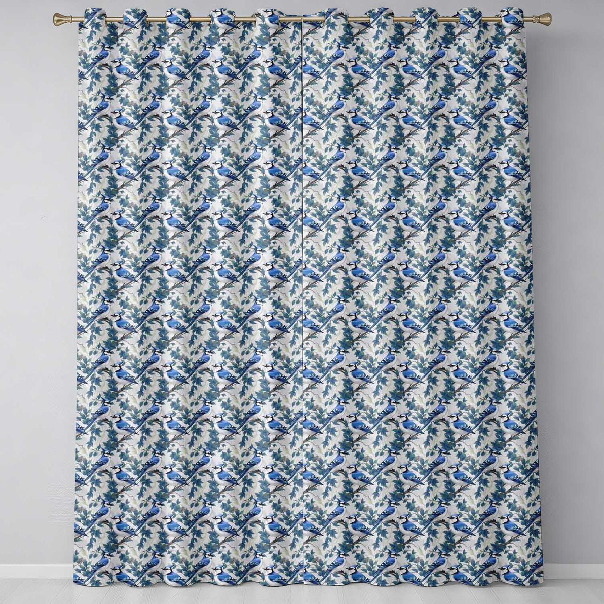 Blue Jay Bird Neutral Botanical Leaf Classic Nature Textile Design Readymade Eyelet Ring Top Thermal 100% Blackout Curtains