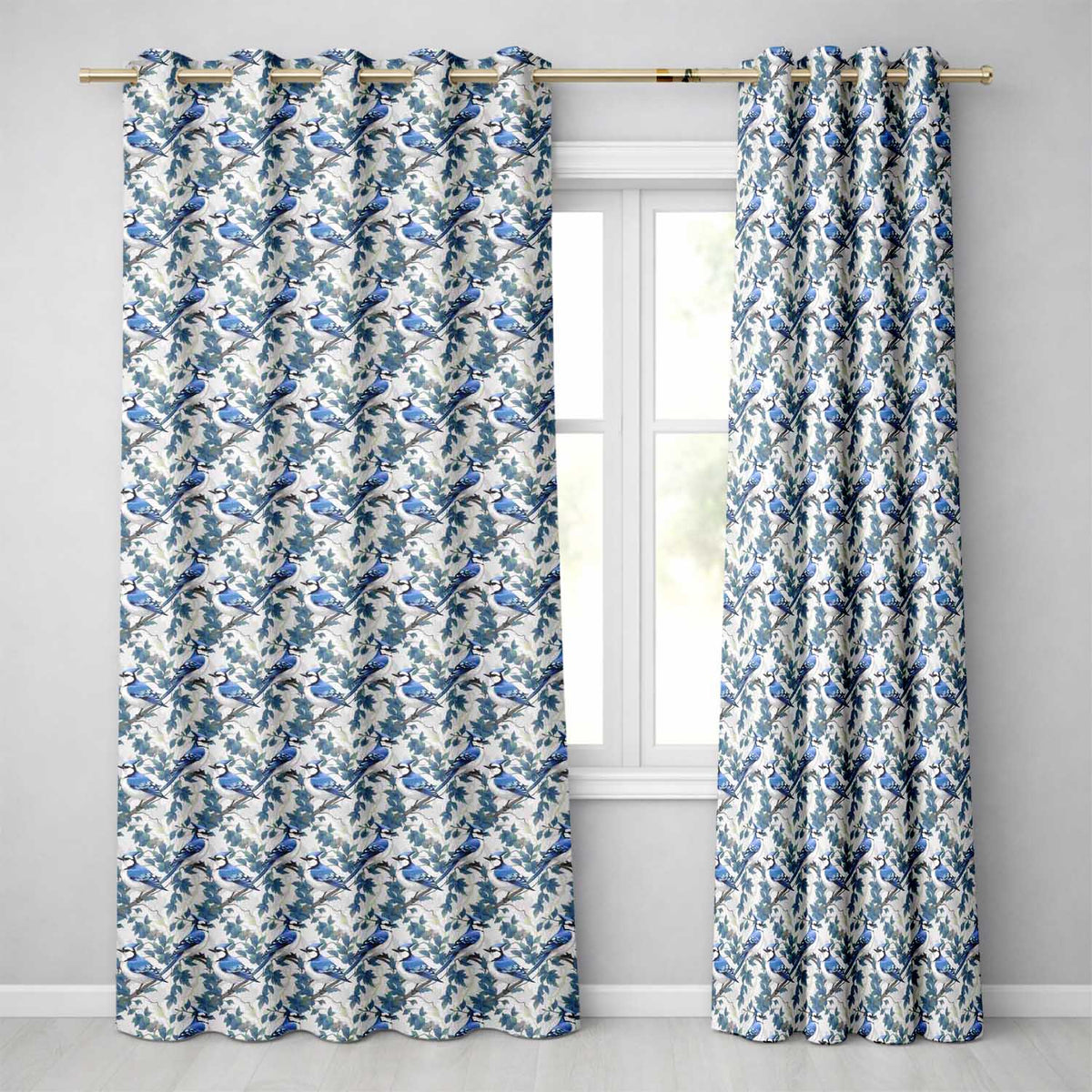 Blue Jay Bird Neutral Botanical Leaf Classic Nature Textile Design Readymade Eyelet Ring Top Thermal 100% Blackout Curtains