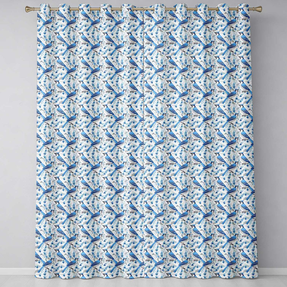 Blue Jay Bird Delicate Floral Seamless Soft Blue Botanical Nature Design Readymade Eyelet Ring Top Thermal 100% Blackout Curtains