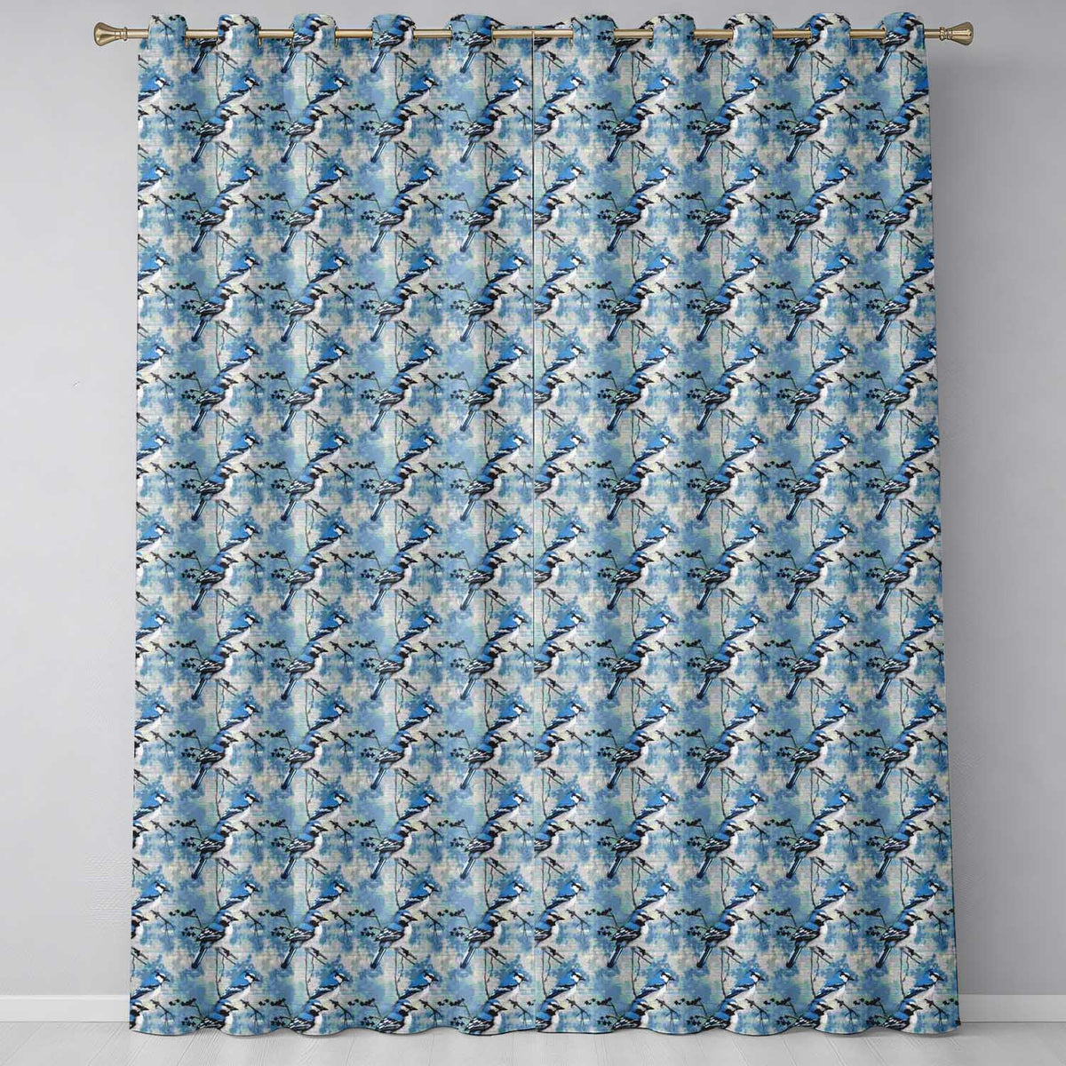 Blue Jay Bird Minimal Branch Blossom Seamless Soft Grey Botanical Design Readymade Eyelet Ring Top Thermal 100% Blackout Curtains