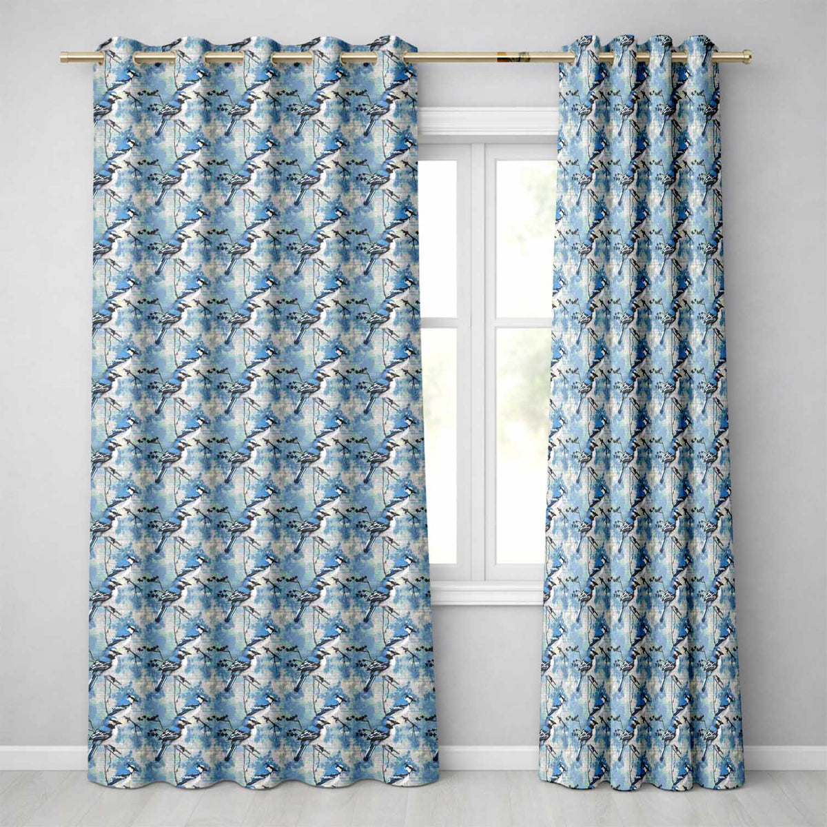 Blue Jay Bird Minimal Branch Blossom Seamless Soft Grey Botanical Design Readymade Eyelet Ring Top Thermal 100% Blackout Curtains