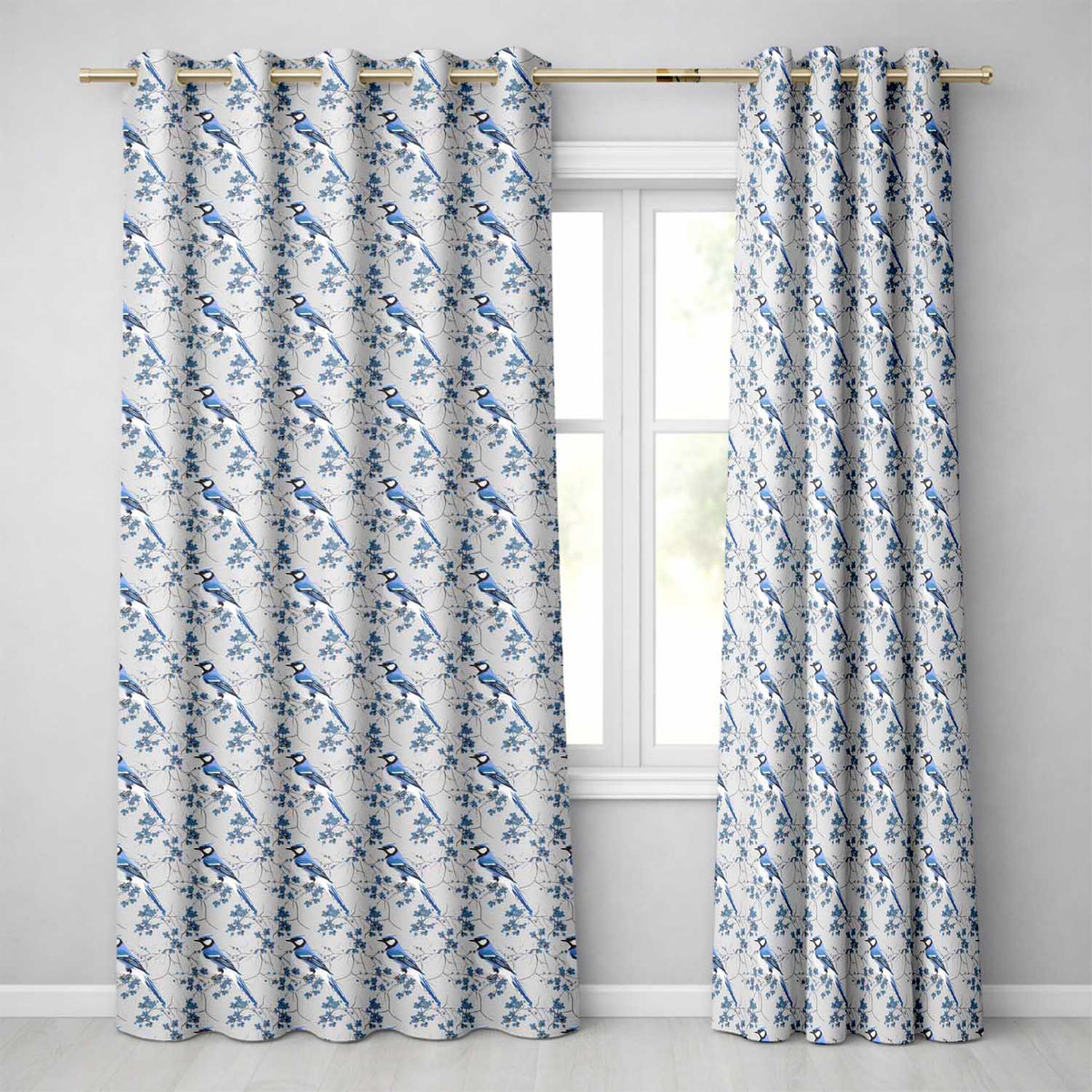 Blue Jay Bird Floral Vine Seamless Elegant Botanical Textile Design Readymade Eyelet Ring Top Thermal 100% Blackout Curtains