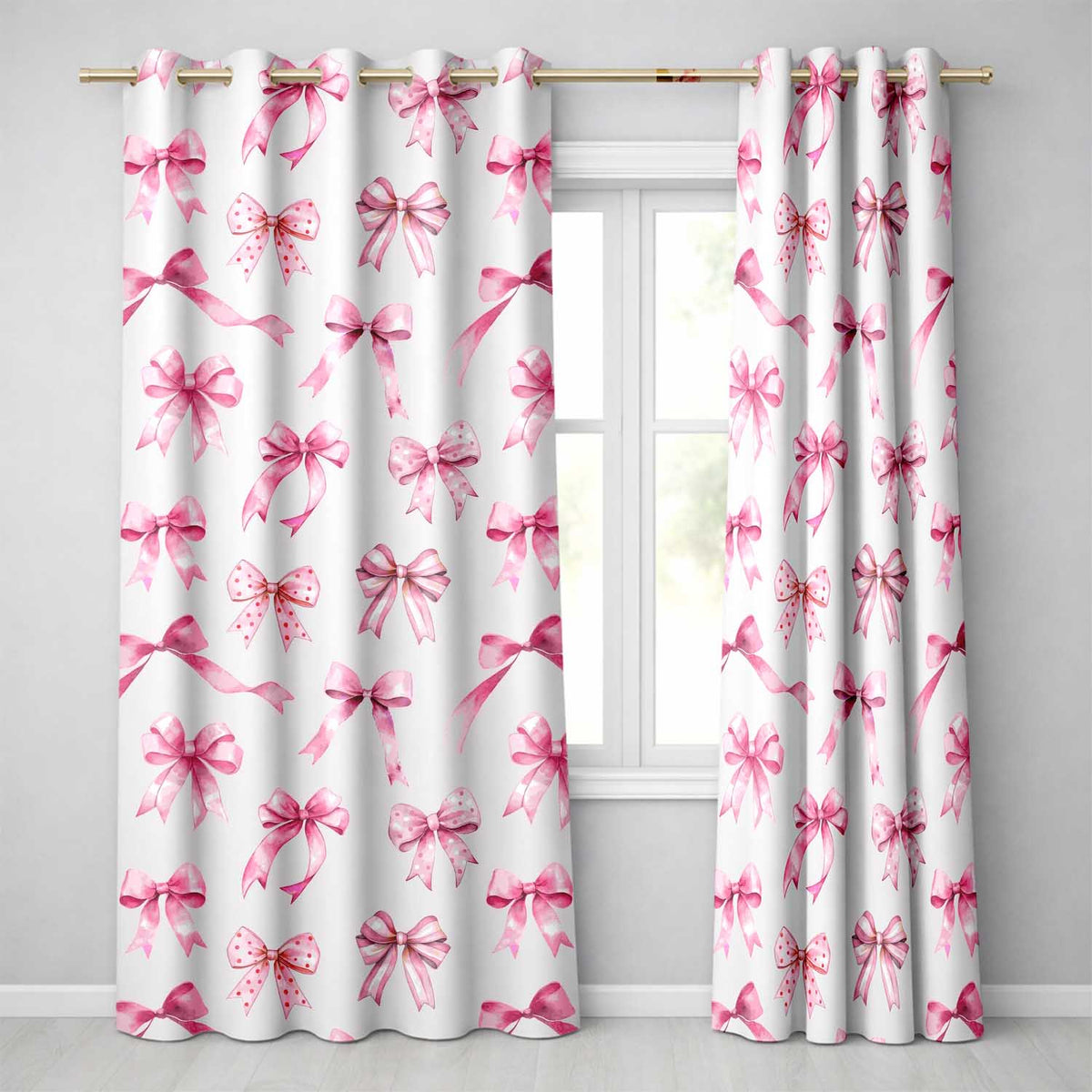 Watercolor Pink Ribbon Bows White Background Seamless Readymade Eyelet Ring Top Thermal 100% Blackout Curtains