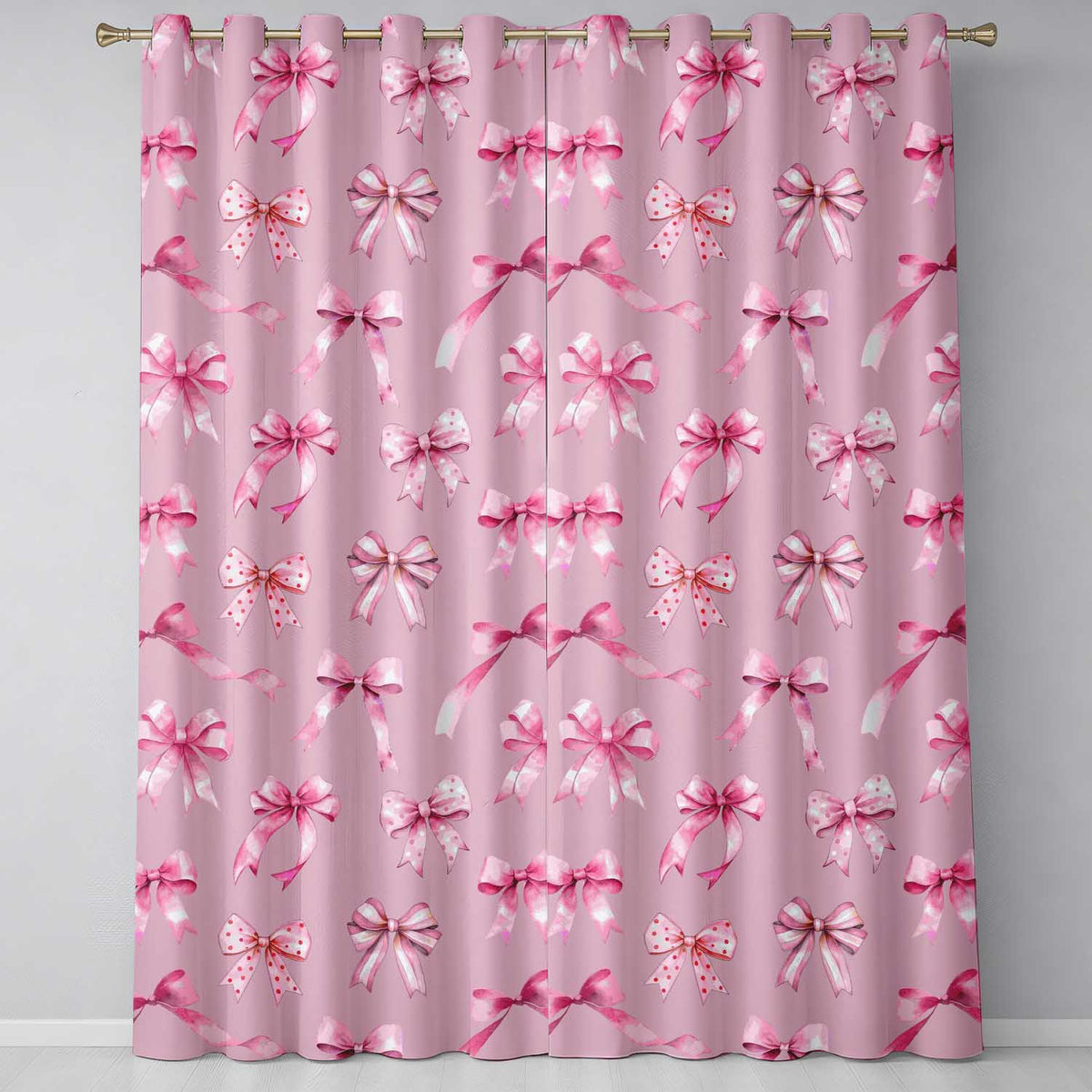Watercolor Pink Ribbon Bows Pink Background Seamless Readymade Eyelet Ring Top Thermal 100% Blackout Curtains